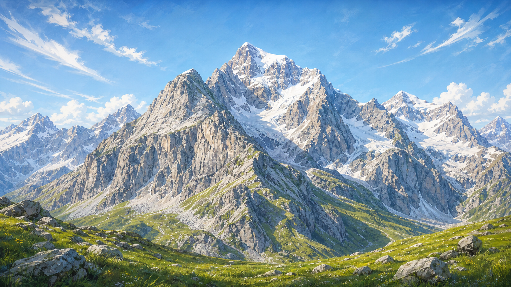 Realistisch gezeichnetes farbiges Alpengebirge mit Felsen, Schnee und Wiesen